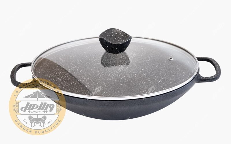 تابه ووک چدن سایز 32 با درب شیشه‌ای